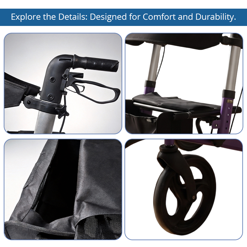 AR2010-PP   Aluminum Rollator Walker for Seniors with Footrest, Folding Mobility Aid with Storage Bag for Independent Living