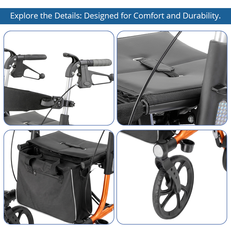 AR2015-O   Aluminum Rollator Walker for Seniors Rehabilitation Walking Aid with Seat Bag OEM Wholesale Supply