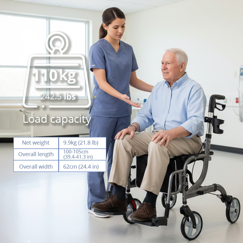 AR2020-P  Rollator-Wheelchair Aluminum 110kg Capacity for Hospitalized Patients Comfortable Maneuvering Convenient Mobility Aid
