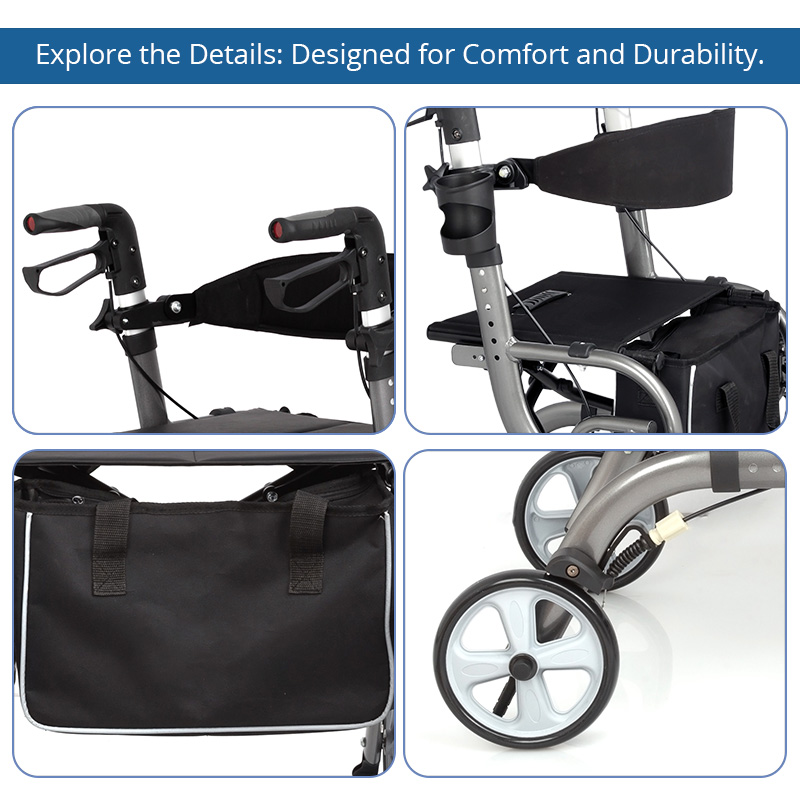 AR2020-P  Rollator-Wheelchair Aluminum 110kg Capacity for Hospitalized Patients Comfortable Maneuvering Convenient Mobility Aid