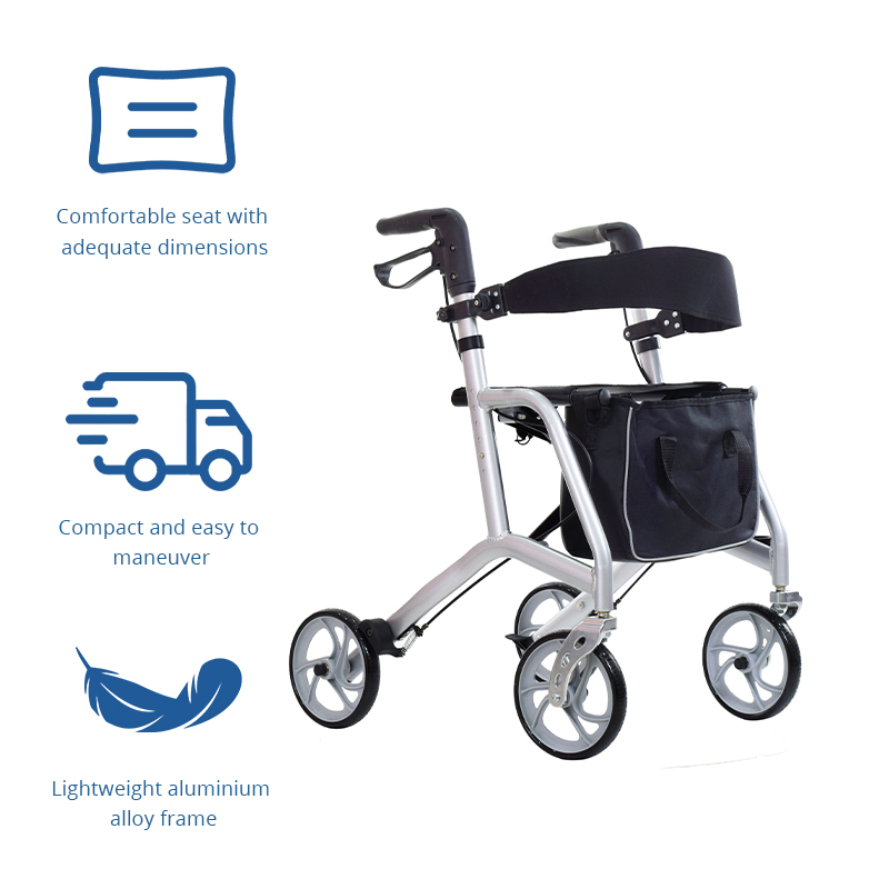 RS-AR2021 Lightweight Aluminum Rollator Walker Seat Storage Bag 100kg Capacity for Elderly Mobility Aid