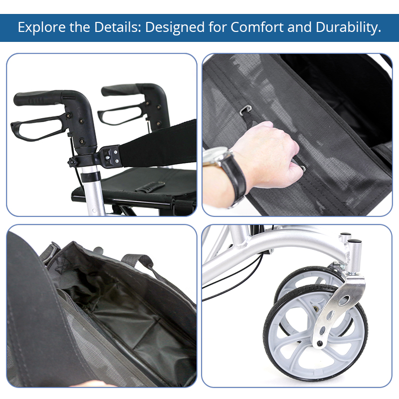 RS-AR2021 Lightweight Aluminum Rollator Walker Seat Storage Bag 100kg Capacity for Elderly Mobility Aid