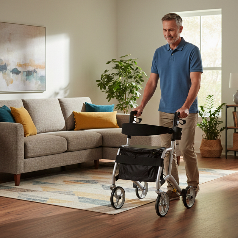 RS-AR2021 Lightweight Aluminum Rollator Walker Seat Storage Bag 100kg Capacity for Elderly Mobility Aid