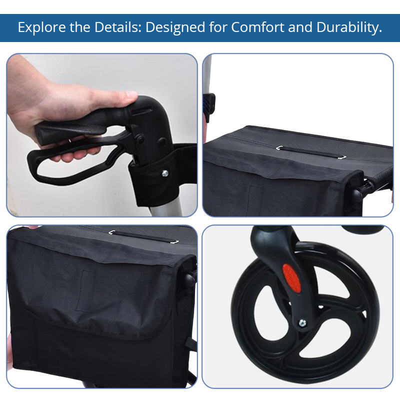 AR2024-P   Aluminum Rollator Walker with Seat  Manufacturer for Seniors with Foldable Design Seat Bag and Easy Mobility Support