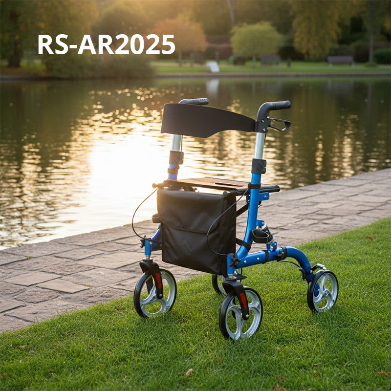 AR2015-BL   Lightweight Aluminum Rollator Elderly Home Care Users Adjustable Height Comfortable Convenient Outdoor Use