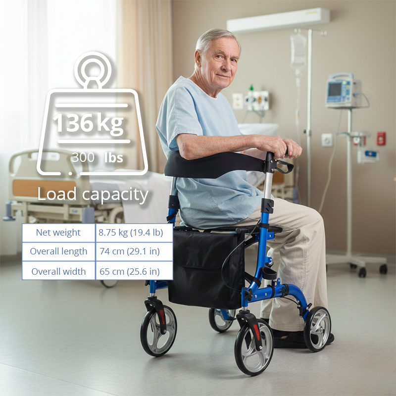 AR2015-BL   Lightweight Aluminum Rollator Elderly Home Care Users Adjustable Height Comfortable Convenient Outdoor Use