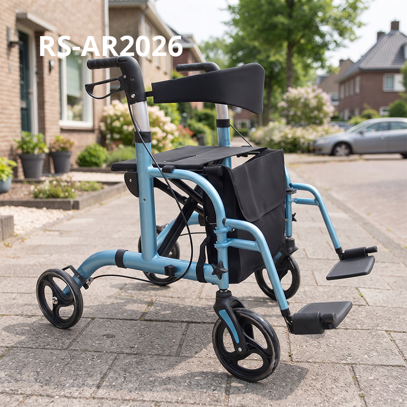 AR2026-B    Aluminum Rollator Walker With Transport Chair Function for Elderly Mobility Support Foldable Design for Walking  Fall Prevention