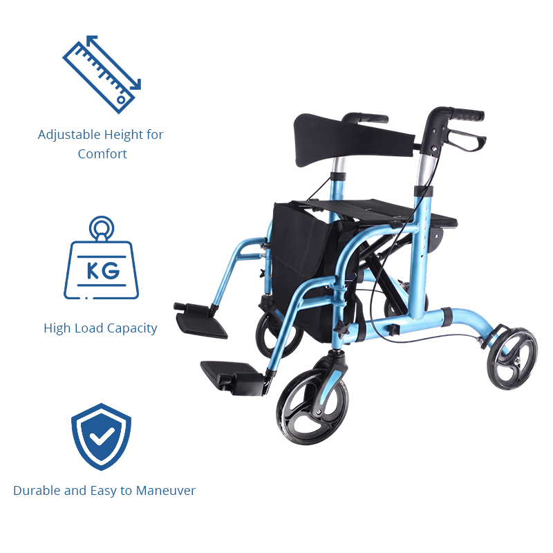 AR2026-B    Aluminum Rollator Walker With Transport Chair Function for Elderly Mobility Support Foldable Design for Walking  Fall Prevention
