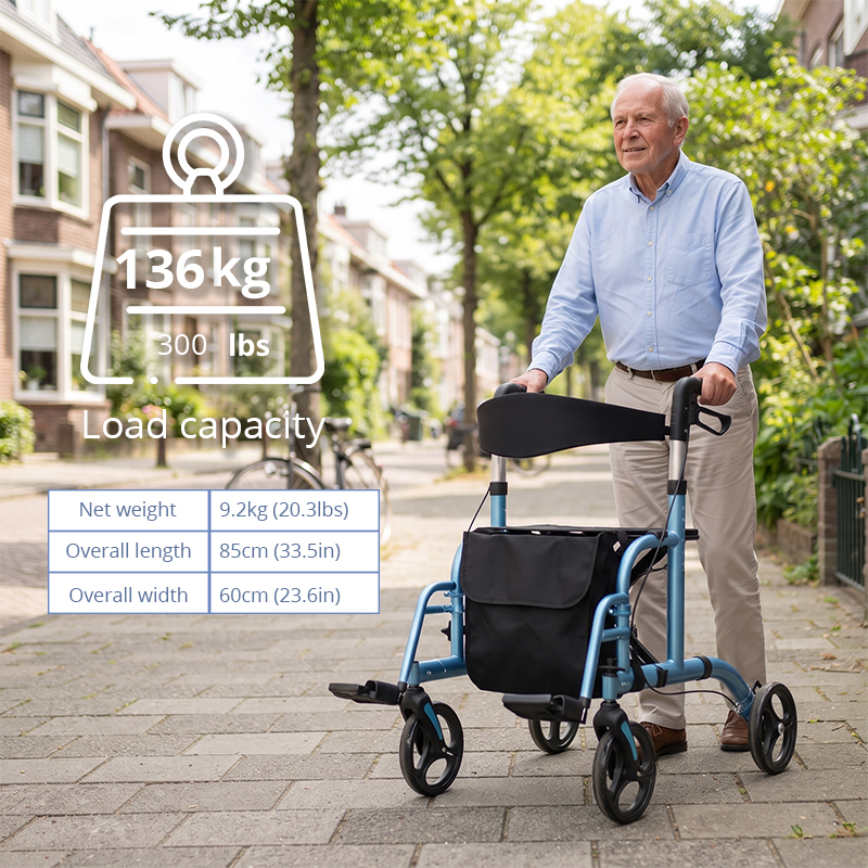 AR2026-B    Aluminum Rollator Walker With Transport Chair Function for Elderly Mobility Support Foldable Design for Walking  Fall Prevention