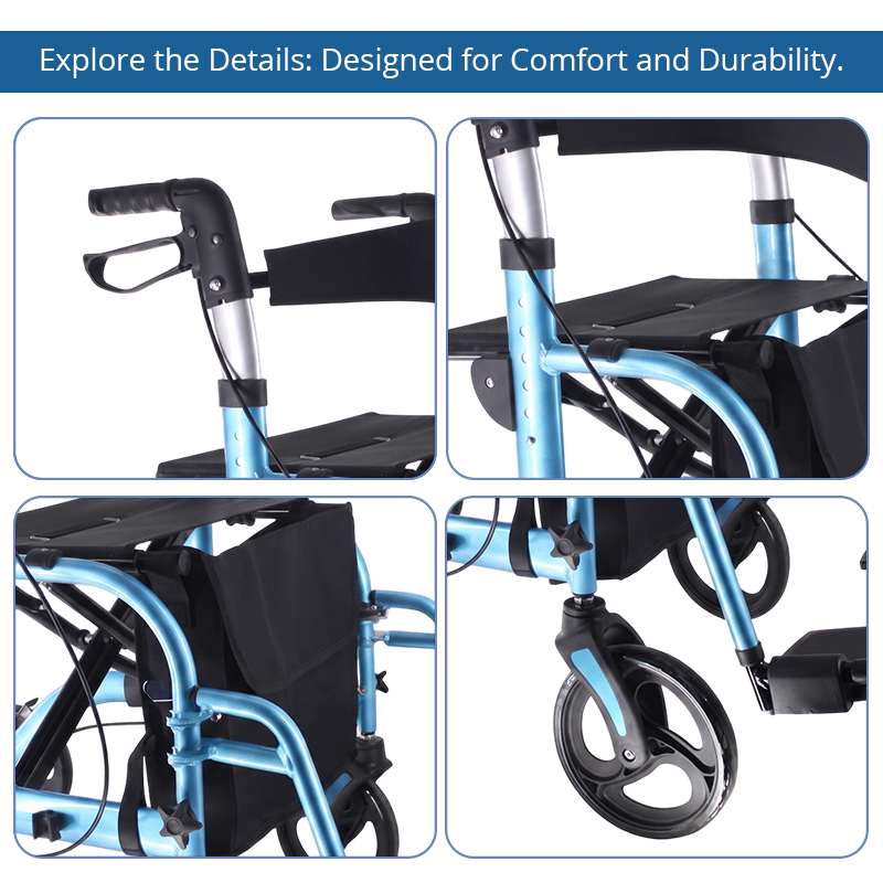 AR2026-B    Aluminum Rollator Walker With Transport Chair Function for Elderly Mobility Support Foldable Design for Walking  Fall Prevention
