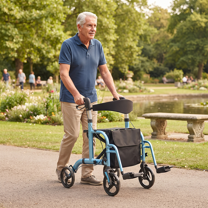 AR2026-B    Aluminum Rollator Walker With Transport Chair Function for Elderly Mobility Support Foldable Design for Walking  Fall Prevention