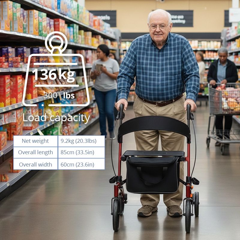 RS-AR2026 Lightweight Aluminum Rollator Walker 136kg Capacity for Home Care Users Robust Adjustable Heights