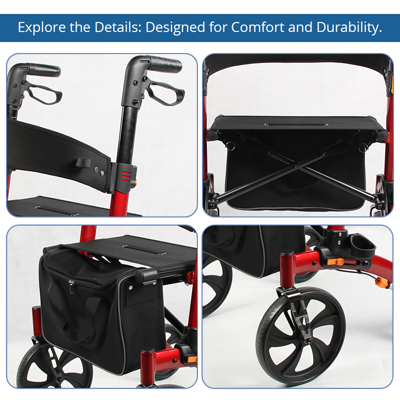 RS-AR2026 Lightweight Aluminum Rollator Walker 136kg Capacity for Home Care Users Robust Adjustable Heights