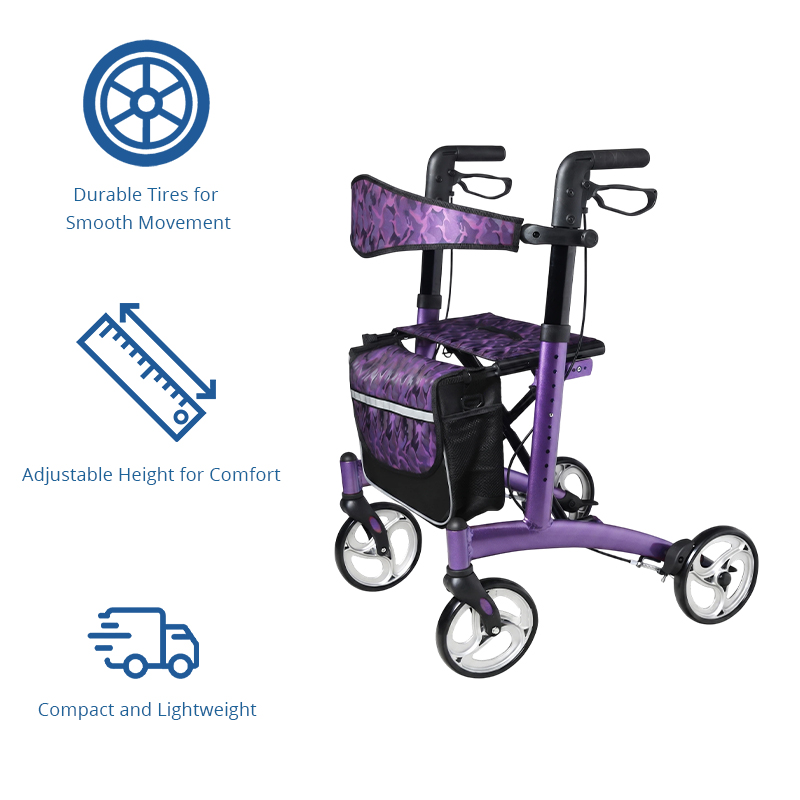AR2028-PP   Rollator Walker with Seat for Elderly, 136KG Capacity Aluminum Mobility Aid with Seat and Bag for Stable Walking