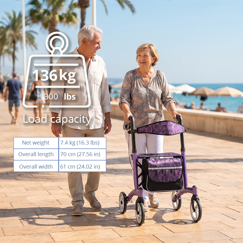 AR2028-PP   Rollator Walker with Seat for Elderly, 136KG Capacity Aluminum Mobility Aid with Seat and Bag for Stable Walking