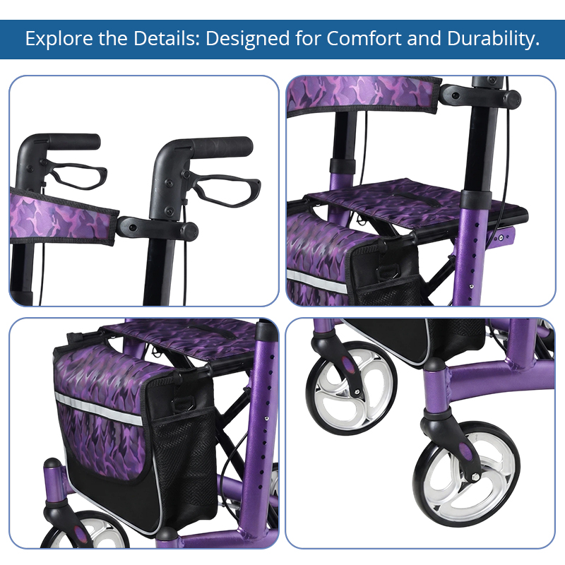 AR2028-PP   Rollator Walker with Seat for Elderly, 136KG Capacity Aluminum Mobility Aid with Seat and Bag for Stable Walking