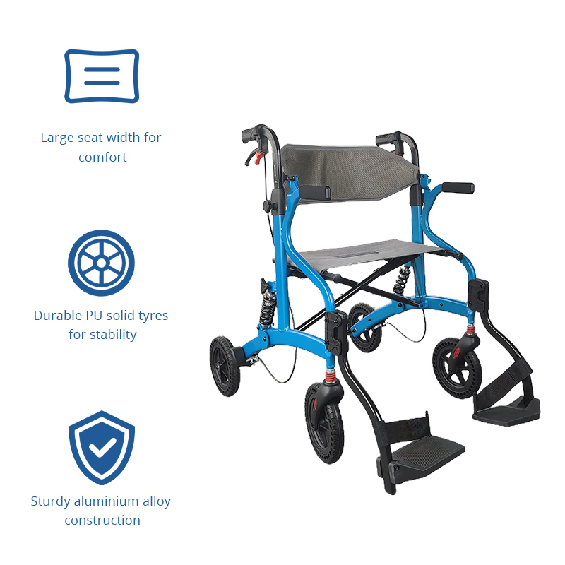 AR2037-R    Elderly Rollator Walker Compact Folding Design Aluminum Frame Blue Color Large Seat Adjustable Features for Enhanced Comfort