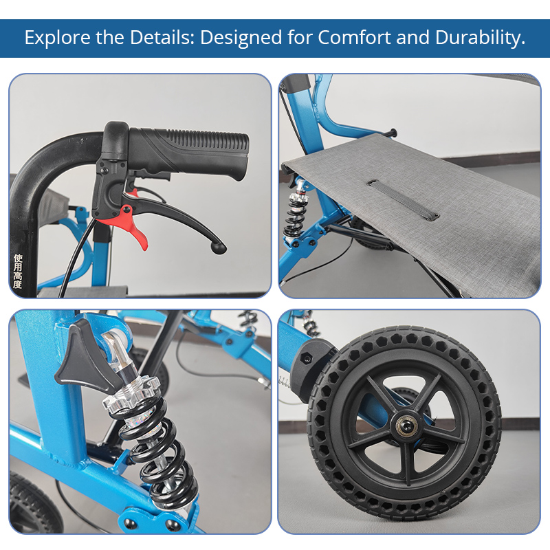 AR2037-R    Elderly Rollator Walker Compact Folding Design Aluminum Frame Blue Color Large Seat Adjustable Features for Enhanced Comfort