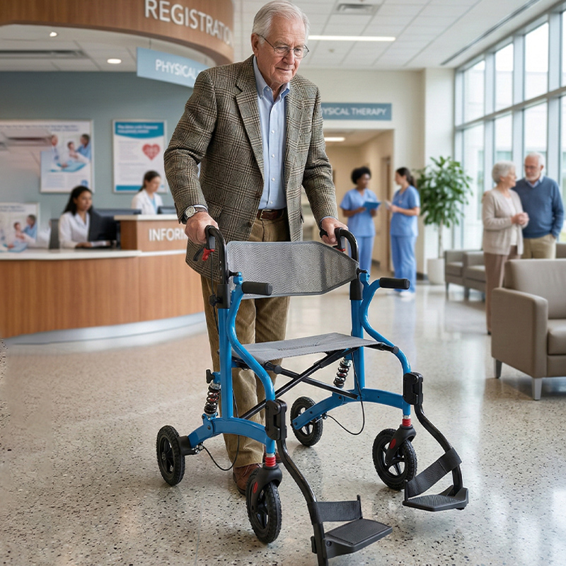 AR2037-R    Elderly Rollator Walker Compact Folding Design Aluminum Frame Blue Color Large Seat Adjustable Features for Enhanced Comfort