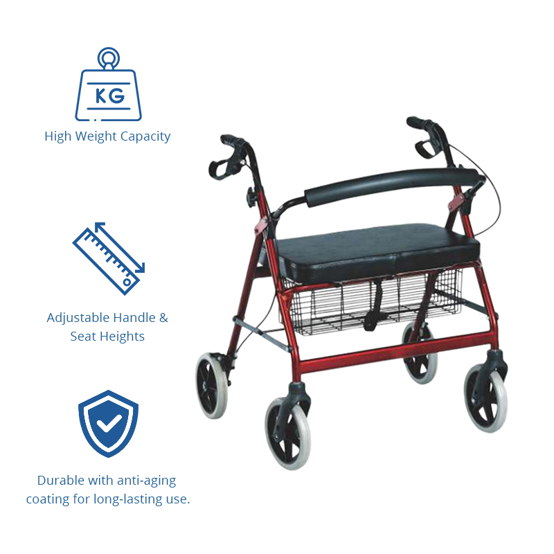 AR2038-G   Bariatric Rollator with Adjustable Seat Storage Basket Aluminum Alloy Black Red 150kg Capacity for Mobility Assistance Stability