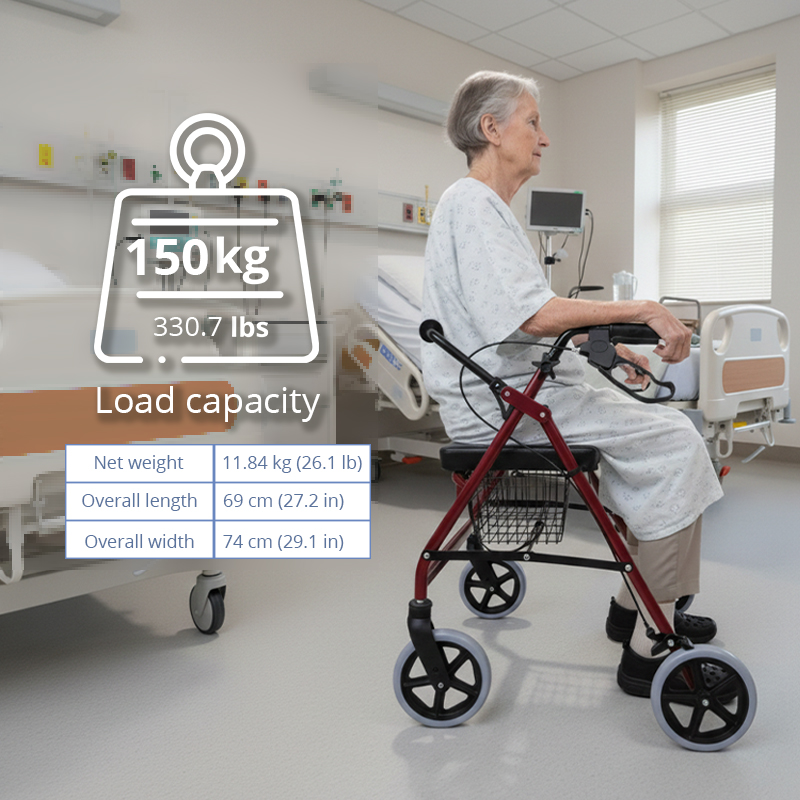 AR2038-G   Bariatric Rollator with Adjustable Seat Storage Basket Aluminum Alloy Black Red 150kg Capacity for Mobility Assistance Stability