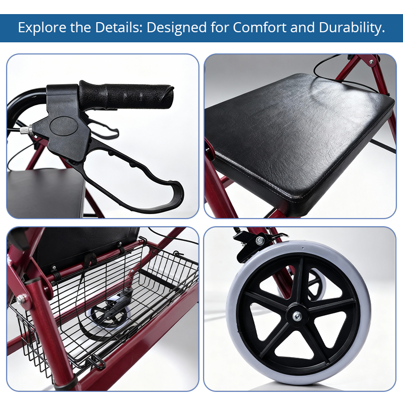 AR2038-G   Bariatric Rollator with Adjustable Seat Storage Basket Aluminum Alloy Black Red 150kg Capacity for Mobility Assistance Stability