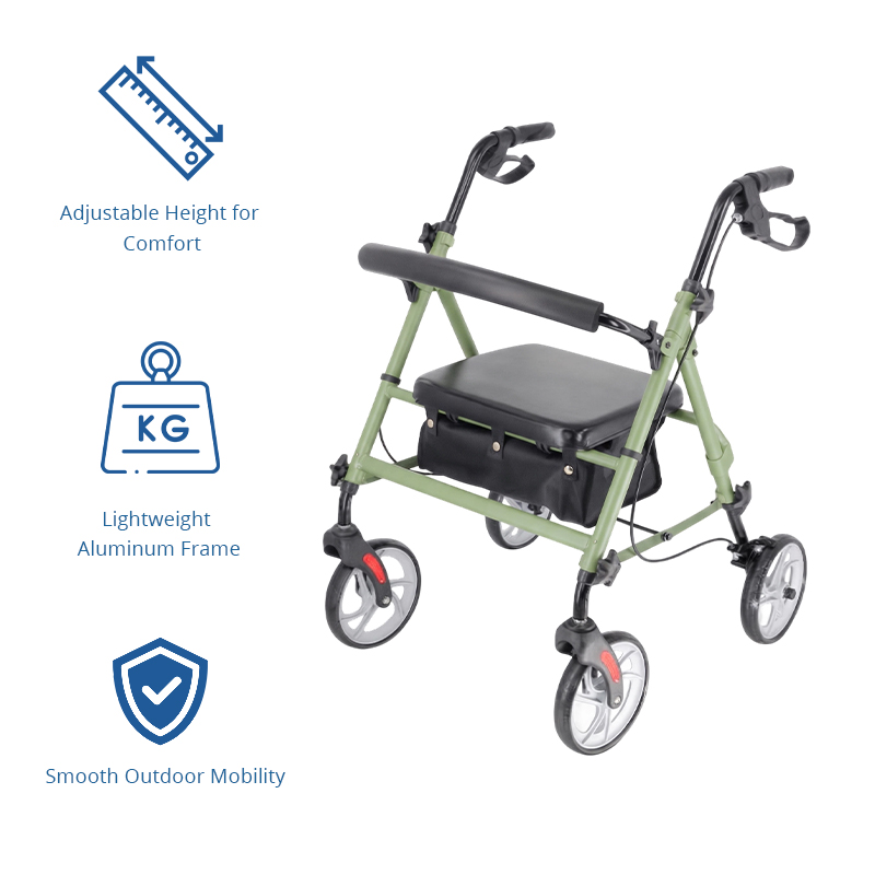 AR2041-G   Aluminum Rollator Walker OEM Manufacturer for Elderly Seniors with Foldable Design Seat Bag Stable Mobility Support