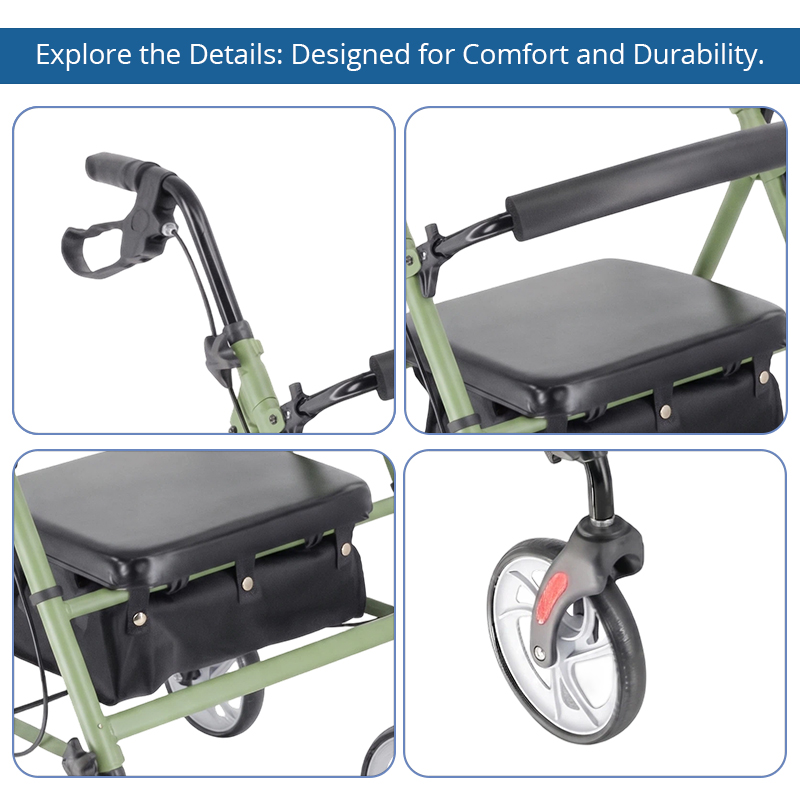 AR2041-G   Aluminum Rollator Walker OEM Manufacturer for Elderly Seniors with Foldable Design Seat Bag Stable Mobility Support