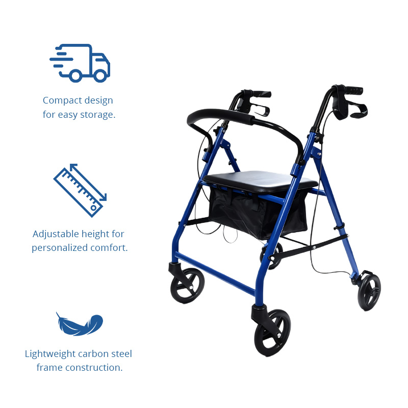 AR2047-B  Seniors Community Rollator Walker Handles Aluminum Frame Black Blue 120KG Capacity Durable Lightweight for Elderly Mobility