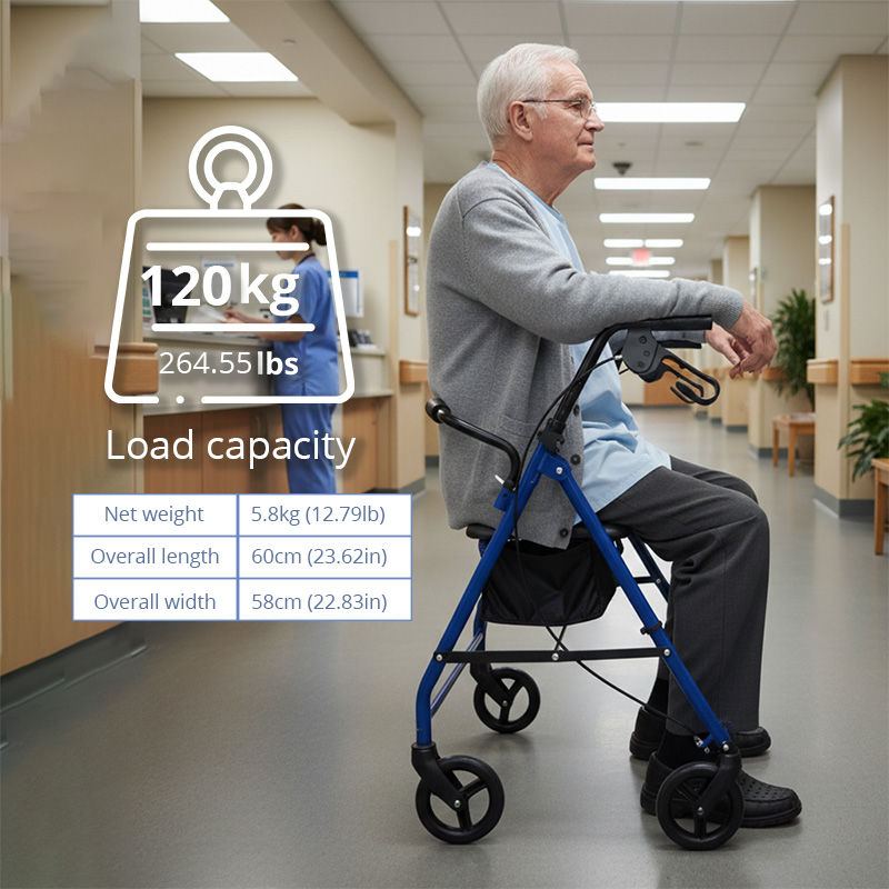AR2047-B  Seniors Community Rollator Walker Handles Aluminum Frame Black Blue 120KG Capacity Durable Lightweight for Elderly Mobility