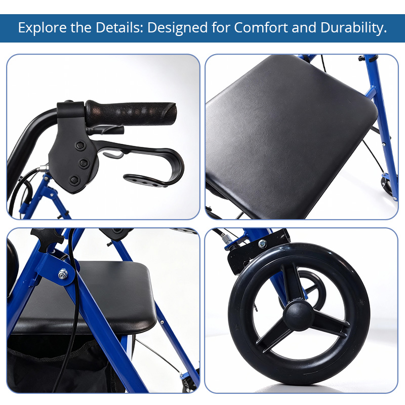 AR2047-B  Seniors Community Rollator Walker Handles Aluminum Frame Black Blue 120KG Capacity Durable Lightweight for Elderly Mobility