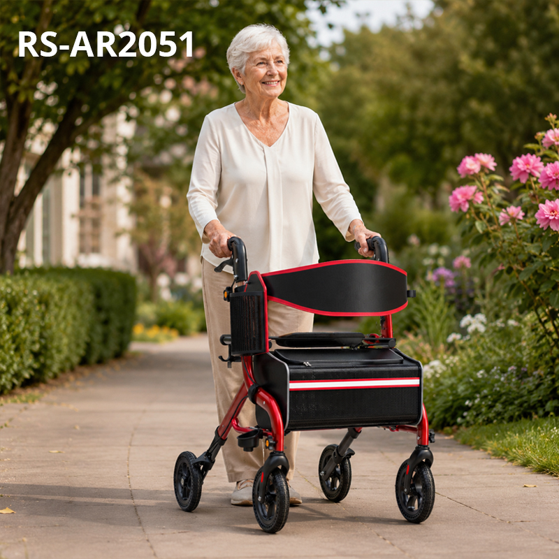 AR-2051 Aluminum Foldable Rollator Walker for Elderly | Adjustable Height Indoor/Outdoor Comfortable Seat OEM/ODM Mobility Aid