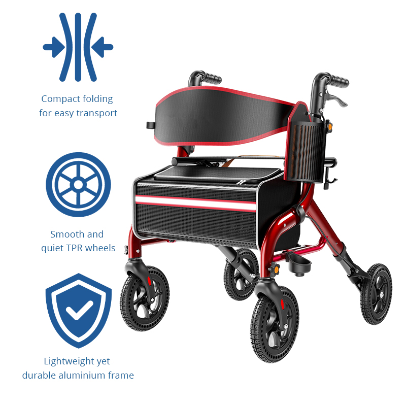 AR-2051 Aluminum Foldable Rollator Walker for Elderly | Adjustable Height Indoor/Outdoor Comfortable Seat OEM/ODM Mobility Aid