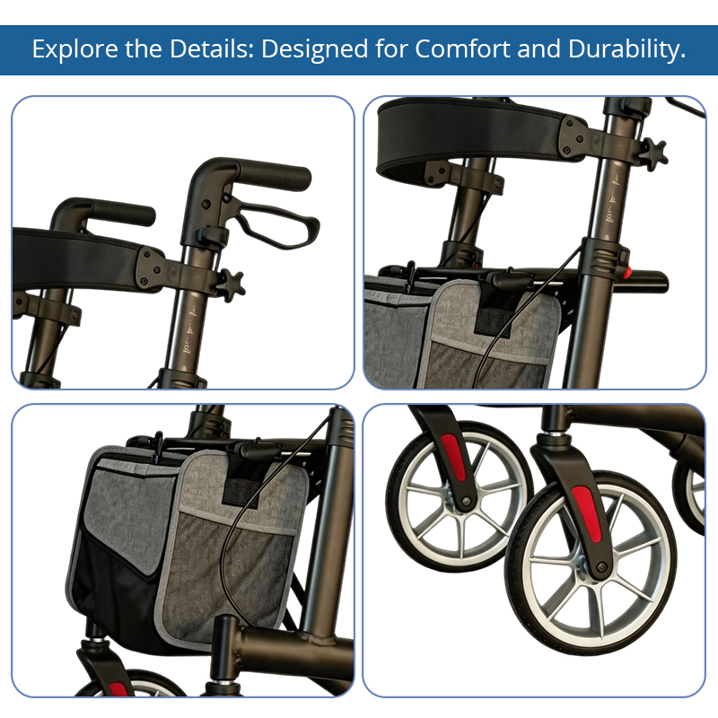 AR2057-R  Foldable Indoor Aluminum Rollator Walker with Seat and Backrest for Elderly Mobility Aid Manufacturer