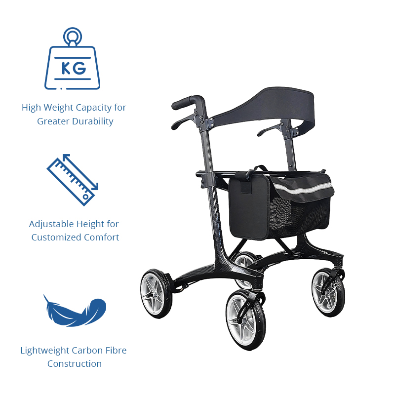 CR3001-PP   Special Carbon Fiber Rollator Walker  Lightweight High Load Capacity (134kg) Foldable Outdoor Mobility Aid