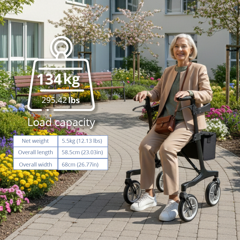 CR3001-PP   Special Carbon Fiber Rollator Walker  Lightweight High Load Capacity (134kg) Foldable Outdoor Mobility Aid