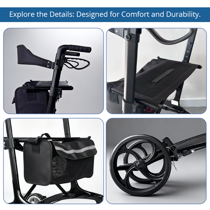 CR3001-B   Special Carbon Fiber Rollator Walker CE Certified Lightweight High Load Capacity (134kg) Foldable Outdoor Mobility Aid