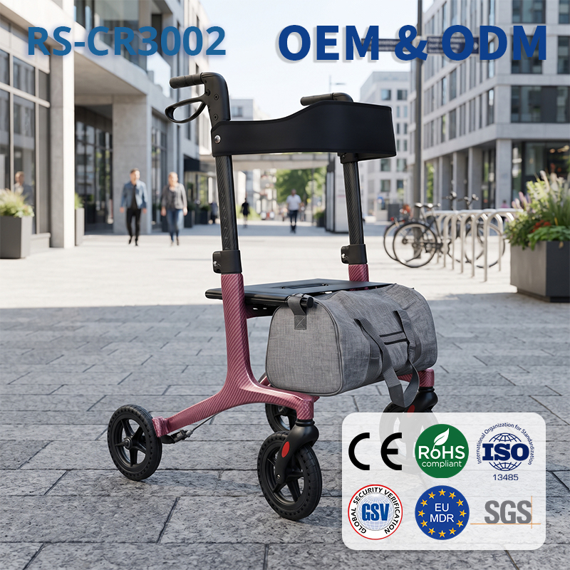 CR3002-P   Ultralight Carbon Fiber Rollator Walker Ergonomic Handles Comfortable Seat Storage Bag Improved Mobility 100kg Capacity CE
