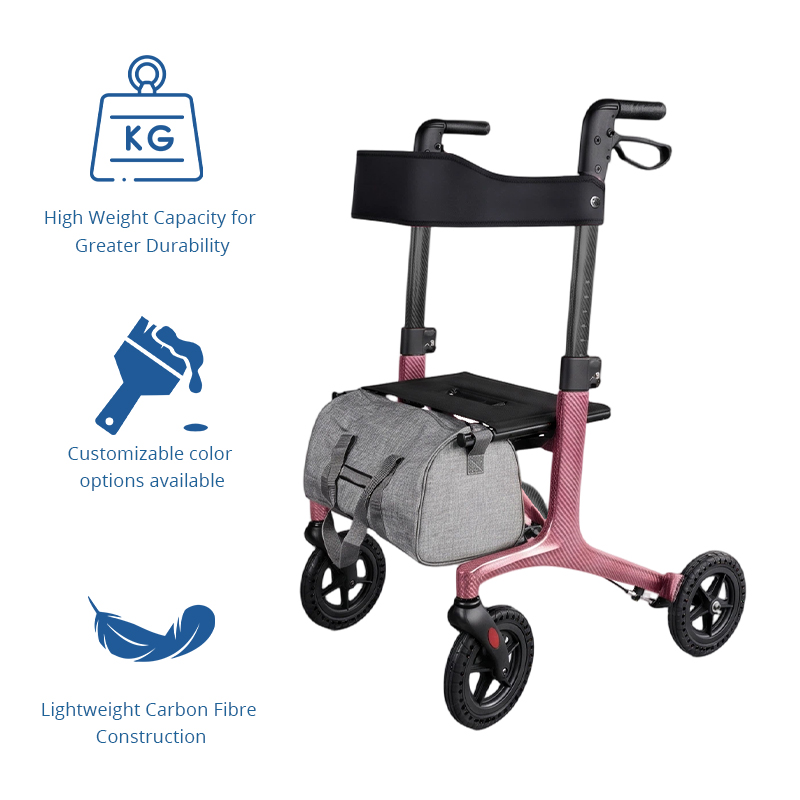 CR3002-P   Ultralight Carbon Fiber Rollator Walker Ergonomic Handles Comfortable Seat Storage Bag Improved Mobility 100kg Capacity CE