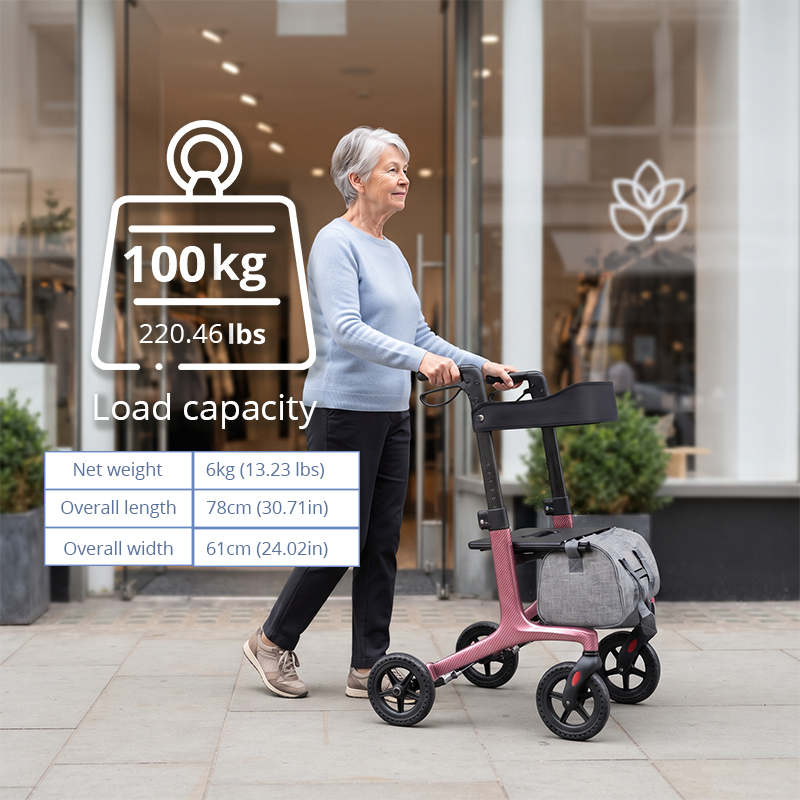 CR3002-P   Ultralight Carbon Fiber Rollator Walker Ergonomic Handles Comfortable Seat Storage Bag Improved Mobility 100kg Capacity CE