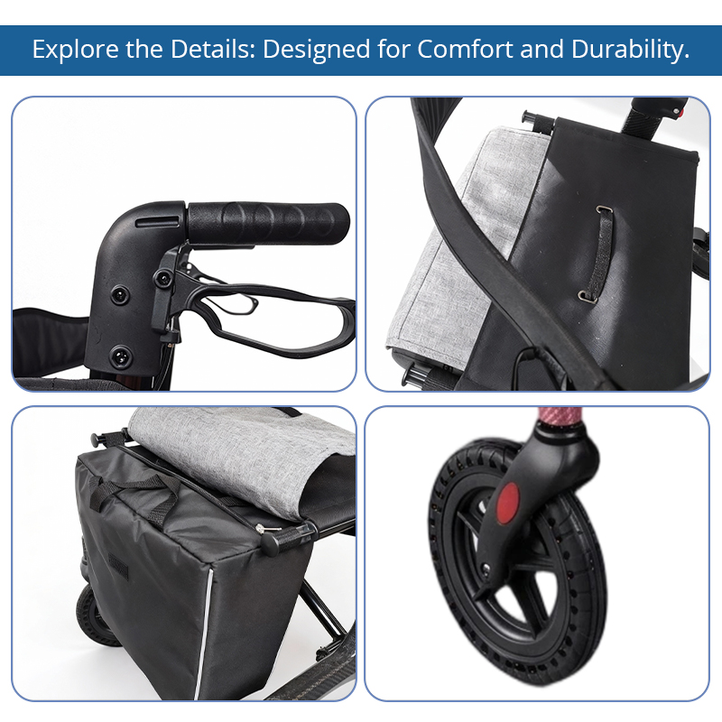 CR3002-P   Ultralight Carbon Fiber Rollator Walker Ergonomic Handles Comfortable Seat Storage Bag Improved Mobility 100kg Capacity CE
