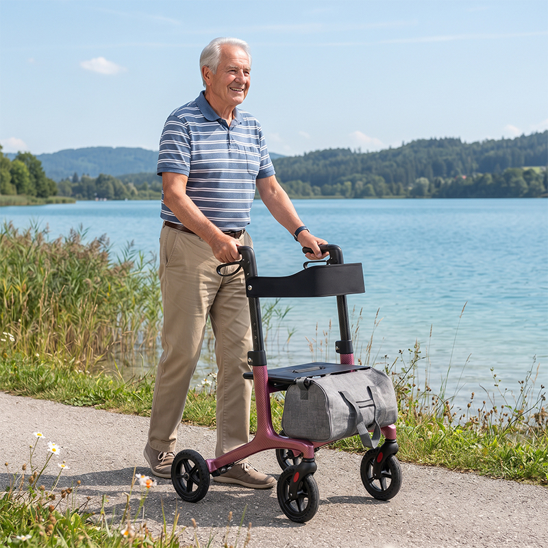 CR3002-P   Ultralight Carbon Fiber Rollator Walker Ergonomic Handles Comfortable Seat Storage Bag Improved Mobility 100kg Capacity CE