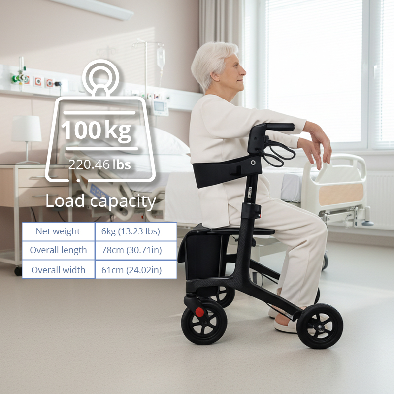 CE3002-R   Ultralight Carbon Fiber Rollator Walker for Users Ergonomic Handles Comfortable Seat Storage Bag Improved Mobility Relaxsmith