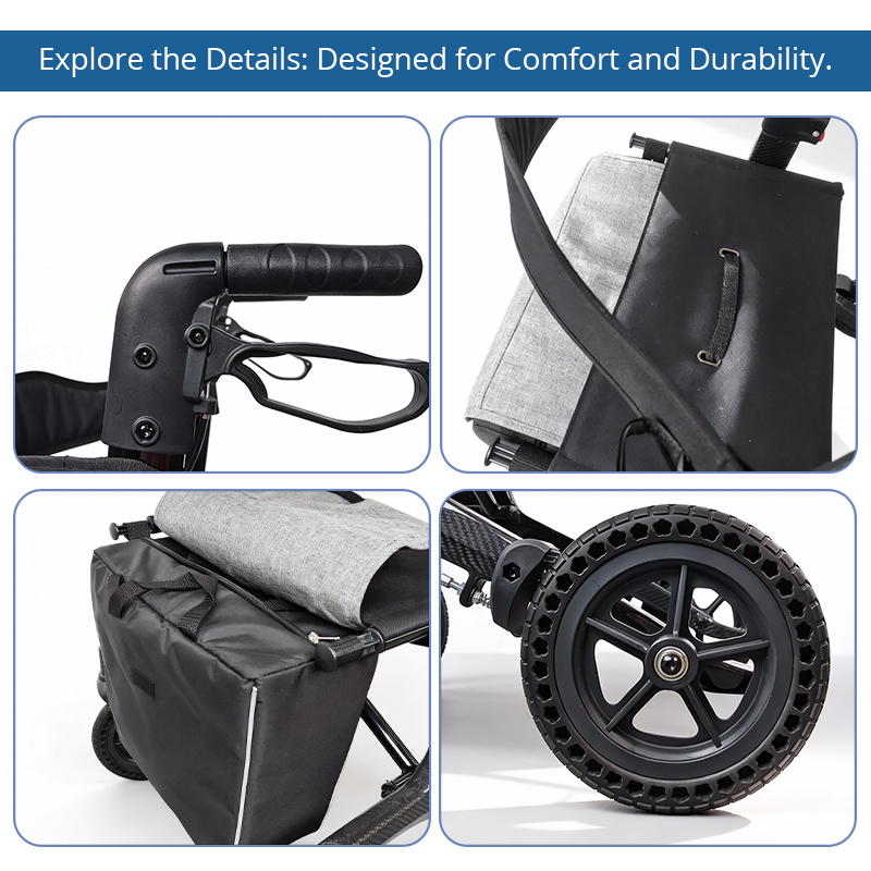 CE3002-R   Ultralight Carbon Fiber Rollator Walker for Users Ergonomic Handles Comfortable Seat Storage Bag Improved Mobility Relaxsmith