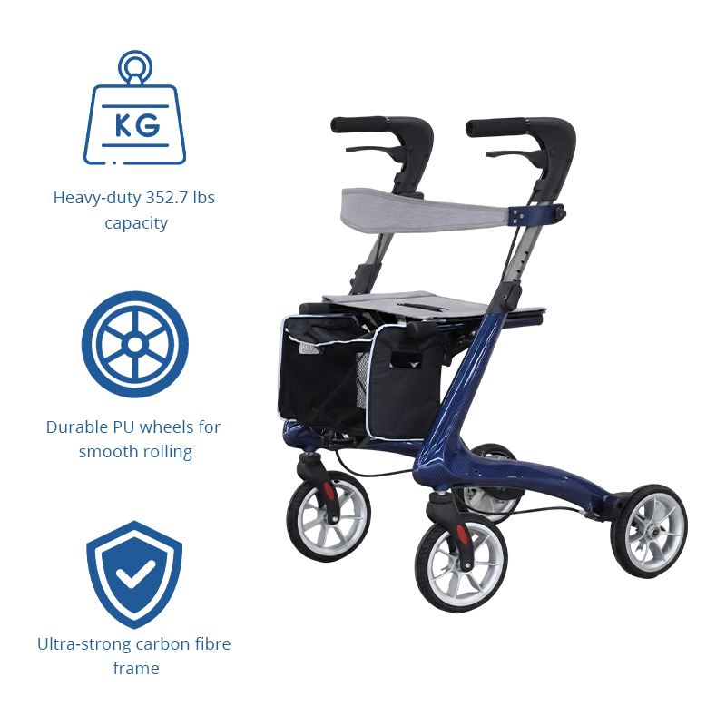 CR3005-B    Carbon Fiber Rollator Walker Lightweight Foldable Walking Aid Seat CE Certified Hospital Use for Restricted