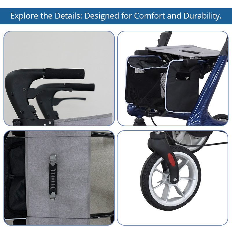 CR3005-B    Carbon Fiber Rollator Walker Lightweight Foldable Walking Aid Seat CE Certified Hospital Use for Restricted