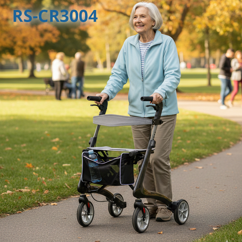 RS-CR3005 Carbon Fiber Rollator Walker Lightweight Foldable Walking Aid Seat CE Certified Hospital Use for Restricted