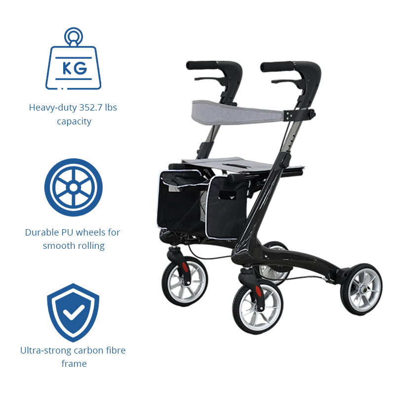 RS-CR3005 Carbon Fiber Rollator Walker Lightweight Foldable Walking Aid Seat CE Certified Hospital Use for Restricted