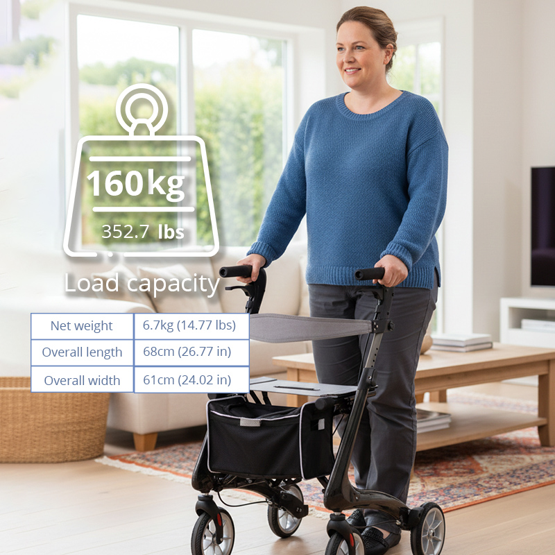 RS-CR3005 Carbon Fiber Rollator Walker Lightweight Foldable Walking Aid Seat CE Certified Hospital Use for Restricted