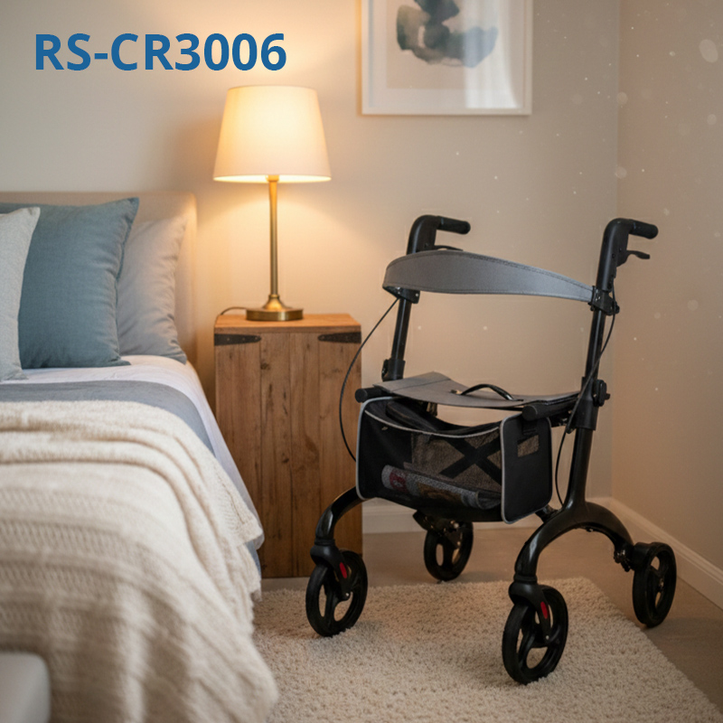 RS-CR3006 All-Terrain Carbon Fiber Rollator for People Restricted Mobility Lightweight Foldable Adjustable Comfortable Seat 120kg Capacity